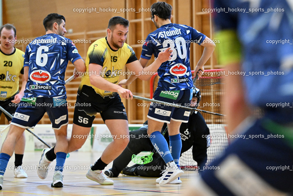 VSV Unihockey  vs. FBK Loka  | #6 Timo Schmid VSV Unihockey, #30 Christoph Steiner VSV Unihockey, #56 Lovro Oblak FBK Loka, VSV Unihockey  vs. FBK Loka , VSV Unihockey  vs. FBK Loka  am 25.01.2026 in Villach (Ballspielhalle St. Martin), Austria, (Photo by Bernd Stefan)