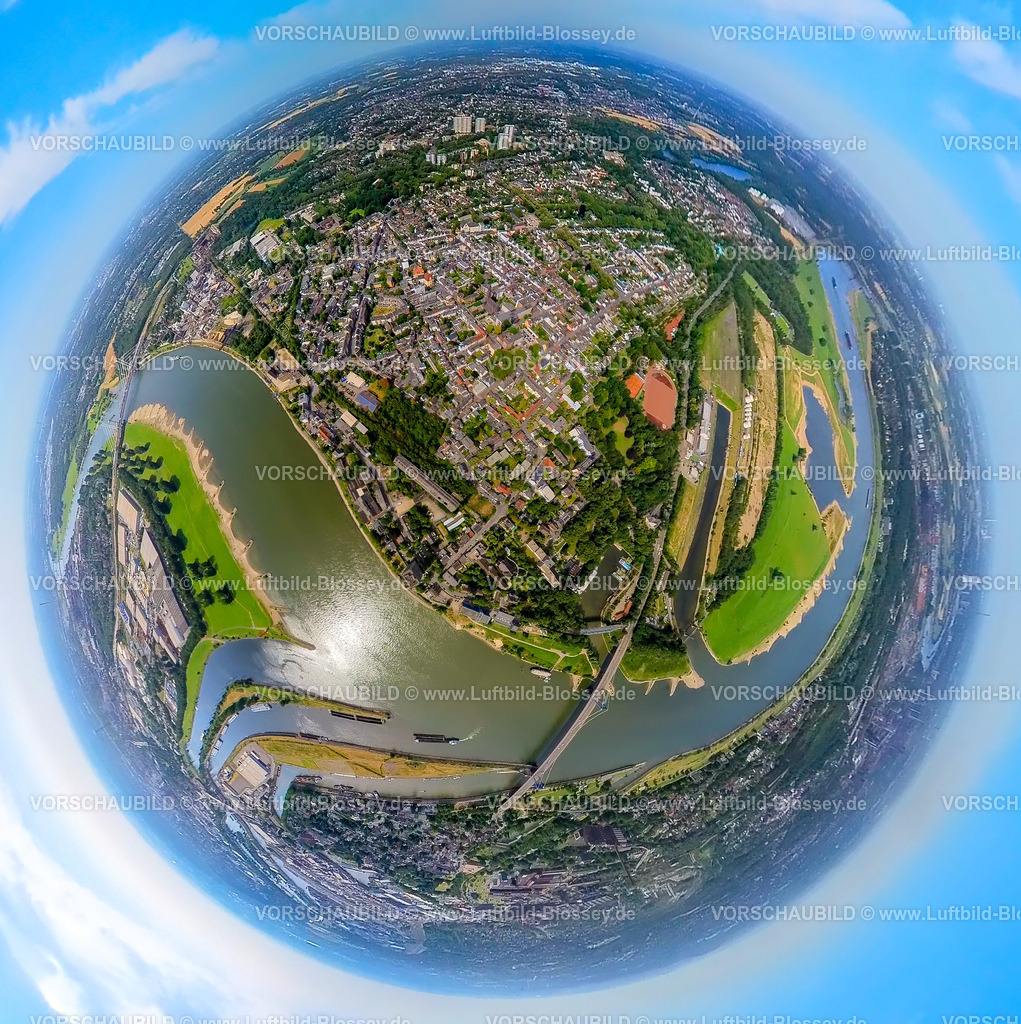 Duisburg230790213_Homberg | Luftbild, Ruhrmündung in den Fluss Rhein am Duisburger Hafen, Rheinorange Sehenswürdigkeit, Friedrich-Ebert-Brücke, Erdkugel, Fisheye Aufnahme, Fischaugen Aufnahme, 360 Grad Aufnahme, tiny world, Kaßlerfeld, Duisburg, Ruhrgebiet, Nordrhein-Westfalen, Deutschland