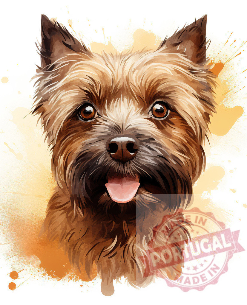 Cairn Terrier dog portrait watercolor illustration | Professional artful dog portraits Cairn Terrier dog showing a cute face with open mouth and tongue out in a watercolor illustration style - Realized with Pictrs.com