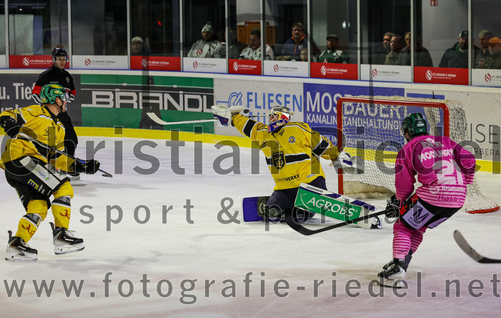 2025-10-28_145_TSV_Erding_gegen_Toelzer_Loewen | Erding, Deutschland, 28.10.2025:Eishockey, Oberliga Süd 2025 / 2026, 13. Spieltag, TSV Erding gegen Tölzer Löwen, Endergebnis: 2:5Torwart Matthias Bittner (Tölzer Löwen, #32), Erik Modlmayr (Erding Gladiators, #21)Foto: Christian Riedel / fotografie-riedel.net