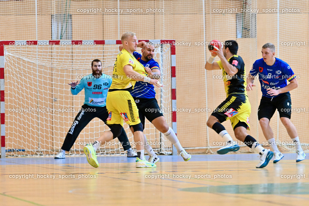 SC Ferlach vs. Bregenz Handball | #8 KNAPP Simon SC Ferlach, #71 Schröder Andreas Bregenz Handball, #81 Milicevic Adrian SC Ferlach, #96 KONECNY Micha Martin SC Ferlach, SC Ferlach vs. Bregenz Handball, SC Ferlach vs. Bregenz Handball am 28.09.2024 in Ferlach (Ballspielhalle Ferlach), Austria, (Photo by Bernd Stefan)