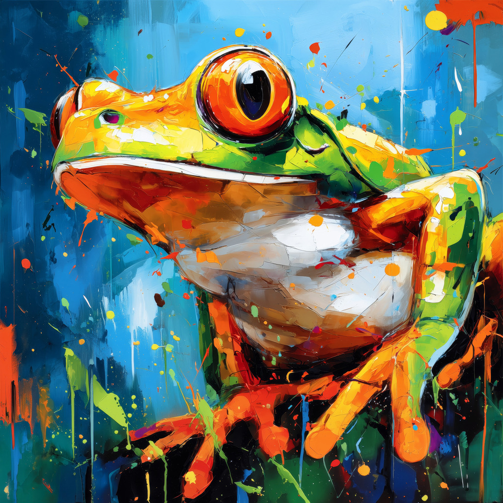 2605015 - Farbenfroher Frosch | Das Bild zeigt einen farbenfrohen Frosch mit markanten, großen roten Augen vor einem tiefblauen Hintergrund. Die Darstellung ist geprägt von einer hochenergetischen Farbdynamik und abstrakten Farbspritzern.