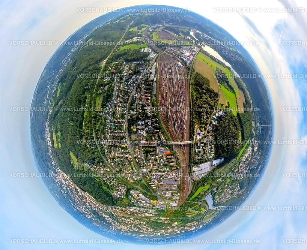Hagen230990057 Vorhalle Verschiebebahnhof | Luftbild, Bahnhof Hagen-Vorhalle Gleisanlagen Rangierbahnhof, Erdkugel, Fisheye Aufnahme, Fischaugen Aufnahme, 360 Grad Aufnahme, tiny world, Vorhalle, Hagen, Ruhrgebiet, Nordrhein-Westfalen, Deutschland