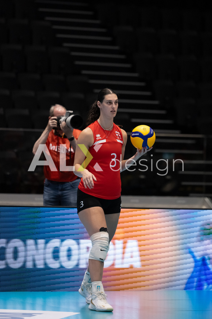 Georgia v Switzerland - CEV European League Women | KRIENS, SWITZERLAND - JUNE 12: ANA TEVDORADZE of Georgia serve during the CEV European League match between Georgia and Switzerland at Pilatus Arena on June 12, 2026 in Kriens, Switzerland. - Realisiert mit Pictrs.com