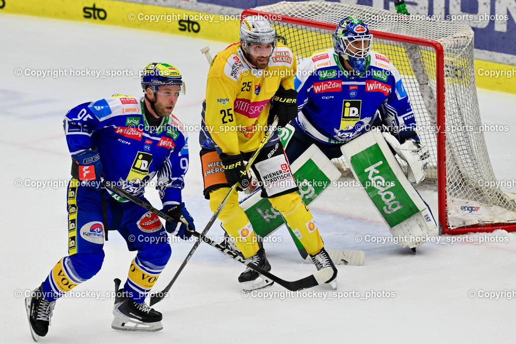 EC IDM WÄRMEPUMPEN VSV vs. Vienna Capitals | #95 Mark Katic EC VSV, #25 Jeremy Gregoire Vienna Capitals, #35 Joe Cannata EC VSV, EC IDM WÄRMEPUMPEN VSV vs. Vienna Capitals, EC IDM WÄRMEPUMPEN VSV vs. Vienna Capitals am 16.11.2025 in Villach (Stadthalle Villach), Austria, (Photo by Bernd Stefan)