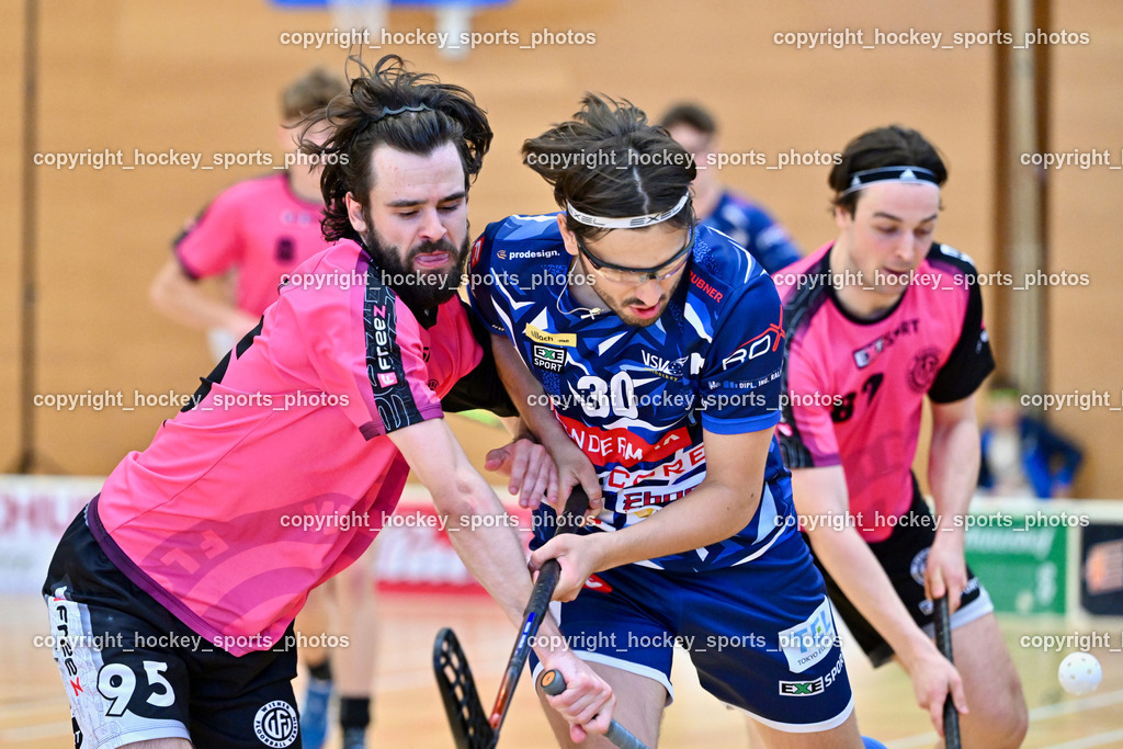 VSV Unihockey vs. Wiener Floorball Verein | #95 FELSBERGER Niklas Wiener Floorballverein, #30 Christoph Steiner VSV Unihockey, VSV Unihockey vs. Wiener Floorball Verein, VSV Unihockey vs. Wiener Floorball Verein am 18.05.2025 in Villach (Ballspielhalle St. Martin), Austria, (Photo by Bernd Stefan)