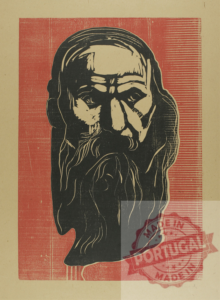 Karl Schmidt-Rottluff expressionist woodcut portrait of old man | Edvard Munch Portrait of old man with long beard creating dramatic expressionist woodcut art - Realized with Pictrs.com
