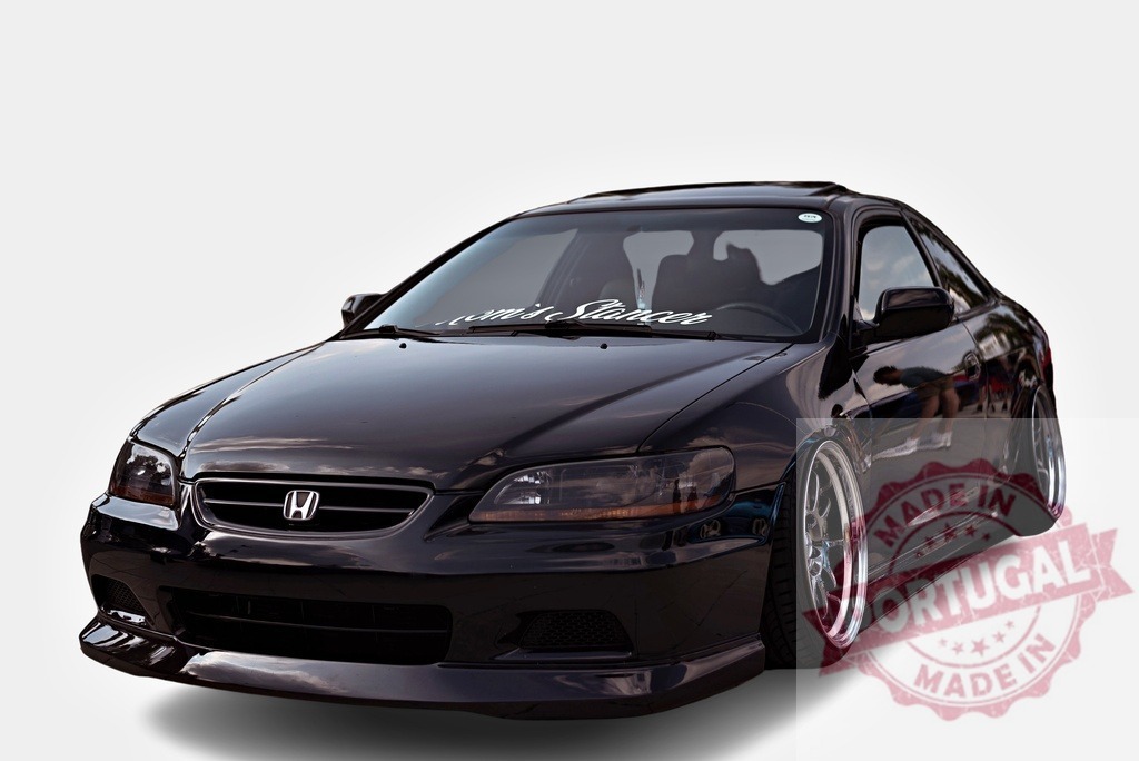 Customized Honda Accord coupe showcasing tuning modifications | Lowered Honda Accord coupe featuring aftermarket wheels, tinted headlights, and a custom commit stance sticker on windshield, reflecting car tuning culture - Realized with Pictrs.com