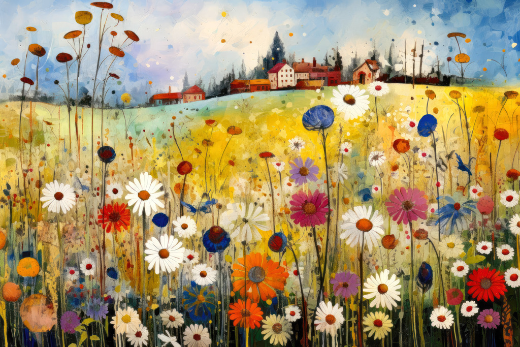 2307100 - Blumenwiese mit Dorf | Blick durch eine Blumenwiese auf eine kleines Dorf.