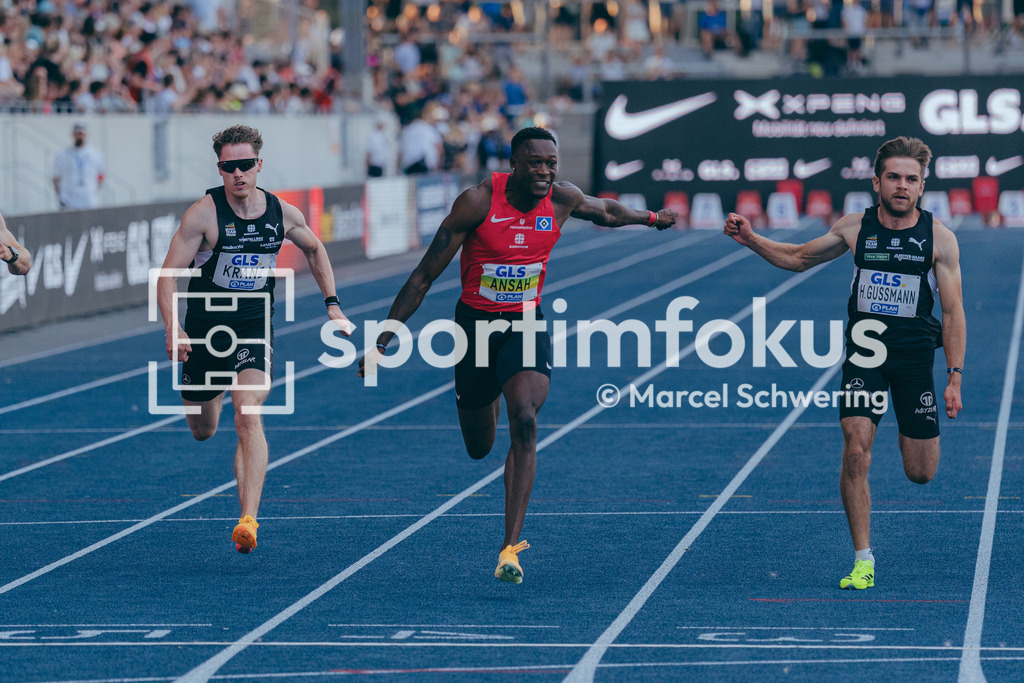 Deutsche Meisterschaften der Frauen und Männer 2026 | Owen Ansah, Hamburger SV, Kevin Kranz, Sprintteam Wetzlar, Heiko Gussmann, Sprintteam Wetzlar, 100-Meter-Lauf, Finale, Deutsche Meisterschaften der Frauen und Männer 2026, Lohrheidestadion Bochum-Wattenscheid, 25.07.2026. Foto: Marcel Schwering / sportimfokus - Realisiert mit Pictrs.com