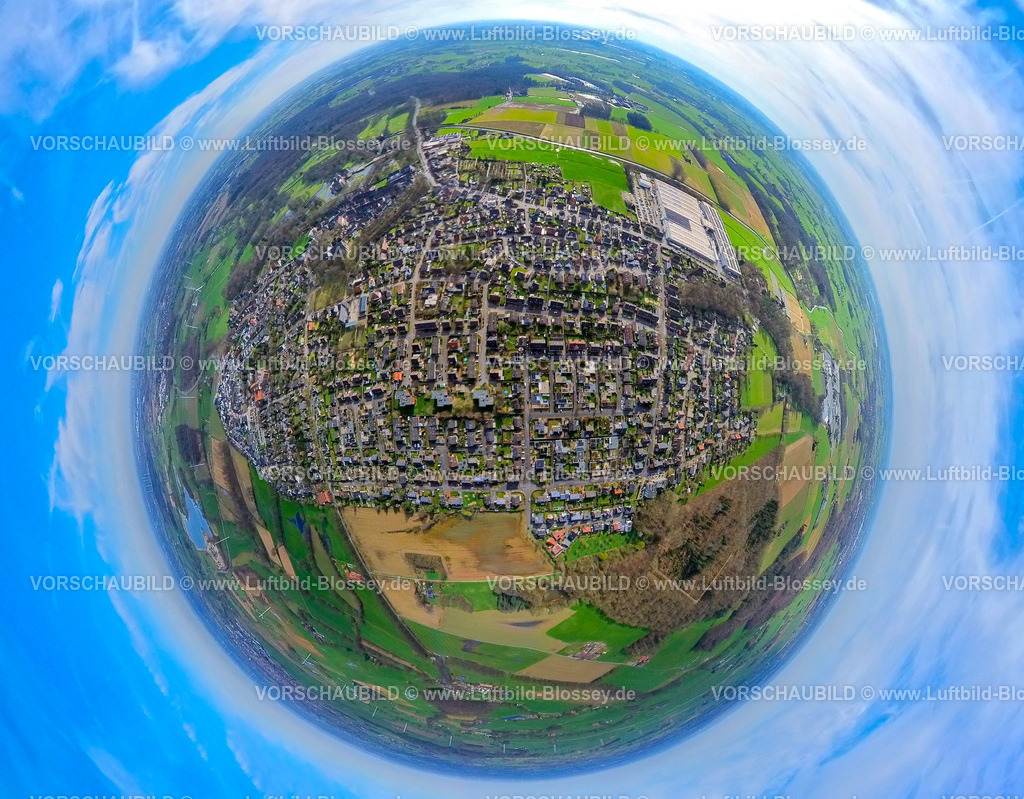 Isselburg240390164Anholt | Luftbild, Wohngebiet Ortsansicht Anholt mit Fluss Issel und umgeben von Wiesen und Feldern, TROX GmbH - Werk Anholt Klimaanlagenanbieter, Erdkugel, Fisheye Aufnahme, Fischaugen Aufnahme, 360 Grad Aufnahme, tiny world, little planet, fisheye Bild, Anholt, Isselburg, Nordrhein-Westfalen, Deutschland