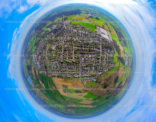 Isselburg240390164Anholt | Luftbild, Wohngebiet Ortsansicht Anholt mit Fluss Issel und umgeben von Wiesen und Feldern, TROX GmbH - Werk Anholt Klimaanlagenanbieter, Erdkugel, Fisheye Aufnahme, Fischaugen Aufnahme, 360 Grad Aufnahme, tiny world, little planet, fisheye Bild, Anholt, Isselburg, Nordrhein-Westfalen, Deutschland