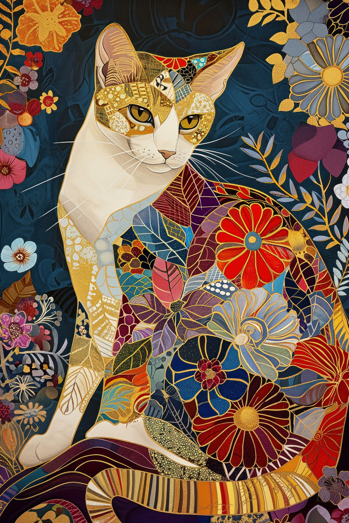 2402043 - Stilvolle Katze | Illustration einer Katze voller goldener Ornamente und floraler Elemente.