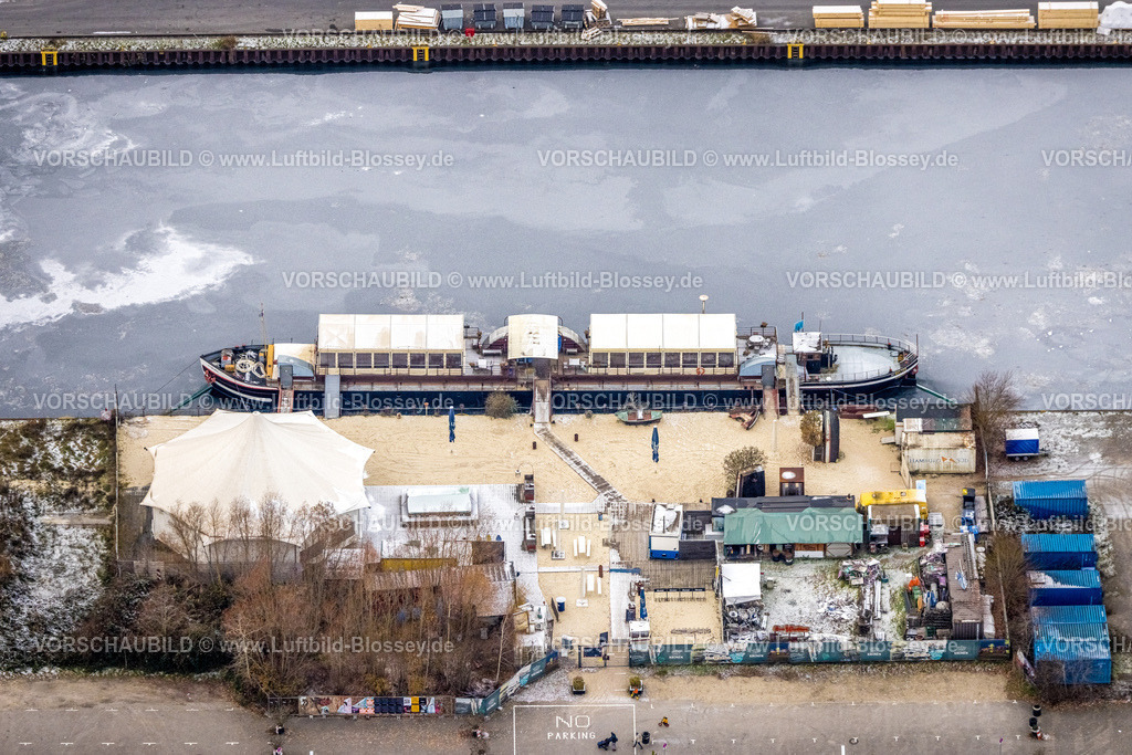 Dortmund221202054 | Luftbild, Zugefrorener Hafen Dortmund, Schiff und Gastronomie Walter, Hafen, Dortmund, Ruhrgebiet, Nordrhein-Westfalen, Deutschland