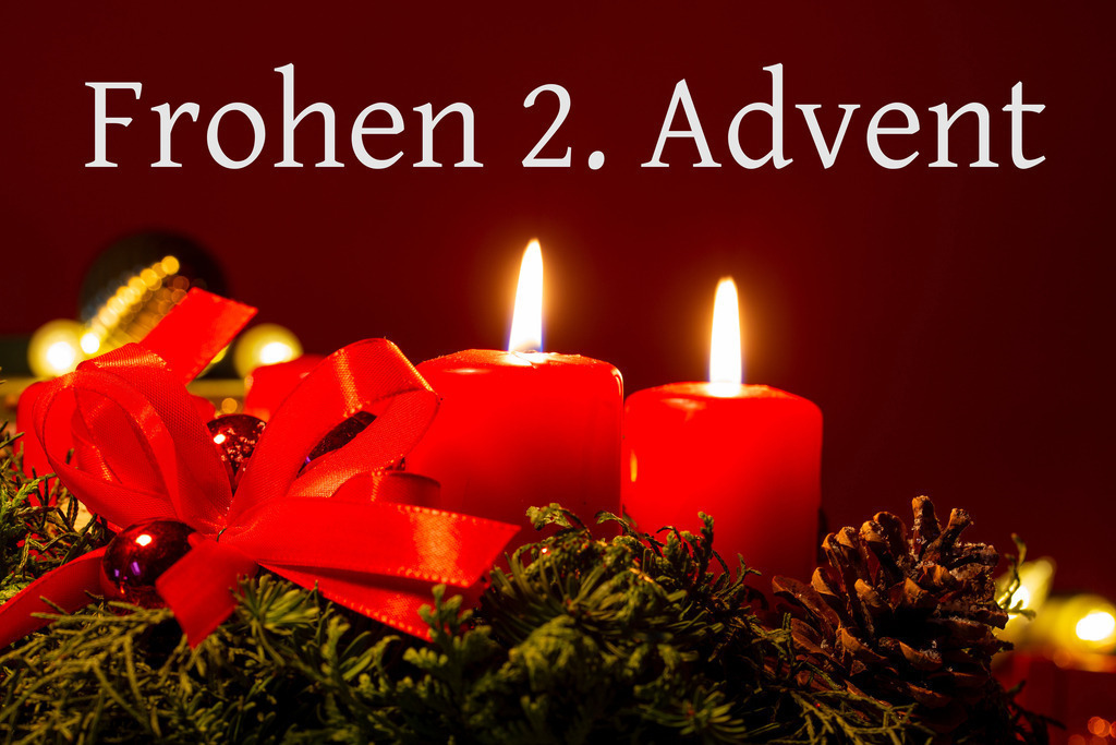 Adventsgrüße | Adventsgrüße Zweiter Advent: Adventskranz mit Schriftzug FROHEN 2. ADVENT - Realisiert mit Pictrs.com