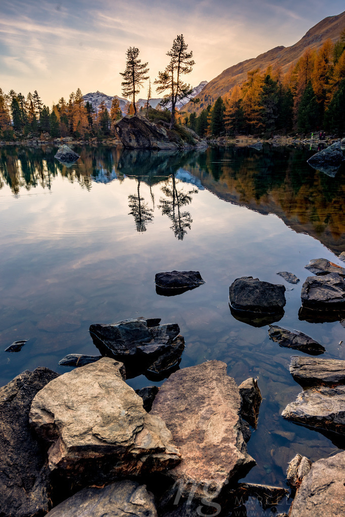 Goldener Herbst am Lago di Saoseo im Val di Campo, Poschiavo, Schweiz | Die ideale Geschenkidee für Naturliebhaber. Naturbilder von Marcel Gross Photography für ihr Zuhause in den verschiedensten Formaten und Materialien. - Realisiert mit Pictrs.com