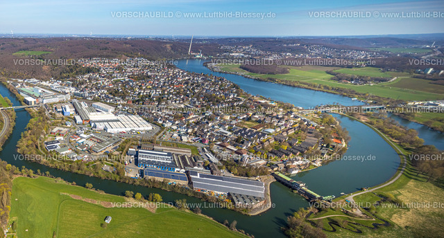 Wetter220401511 | Luftbild, Stadtansicht mit Fluss Ruhr und Harkortsee, Obergrabenbrücke und Ruhrbrücke Friedrichstraße am Harkortsee, Wetter, Wetter, Ruhrgebiet, Nordrhein-Westfalen, Deutschland