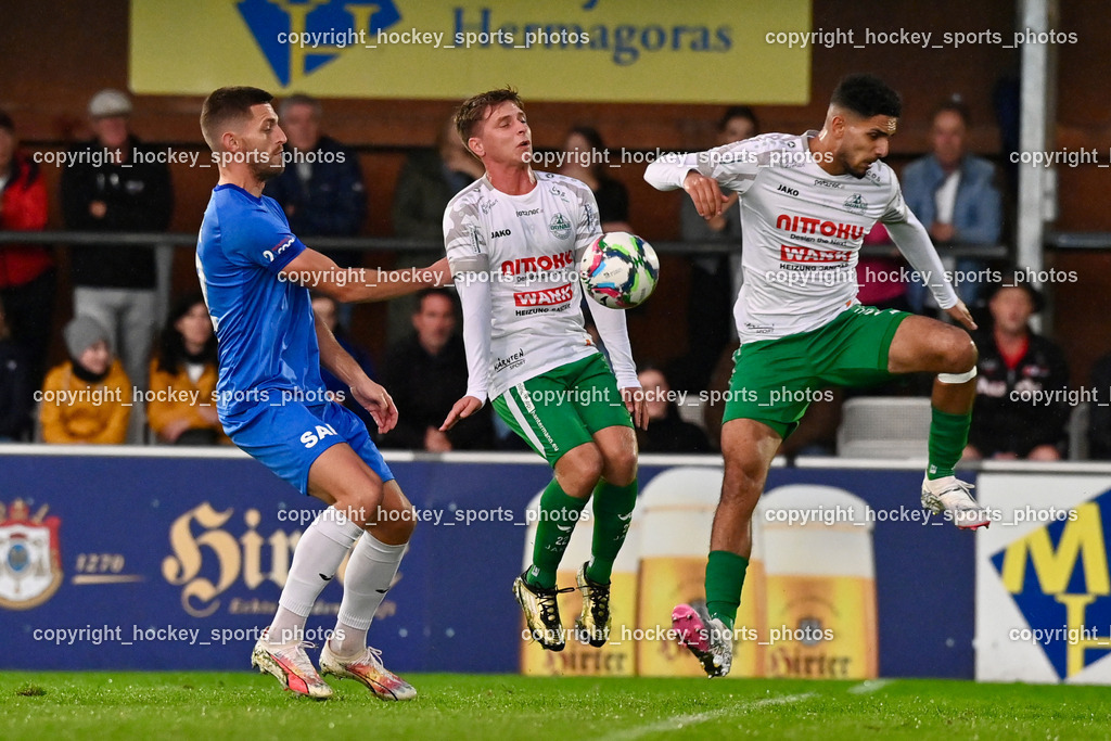 SAK vs. SV Donau  | #8 Mario Antunovic SAK, #22 Luka Cerar SV Donau, #17 Androw Ibrahim SV Donau, SAK vs. SV Donau , SAK vs. SV Donau  am 27.09.2024 in Klagenfurt (Sportpark Welzenegg), Austria, (Photo by Bernd Stefan)