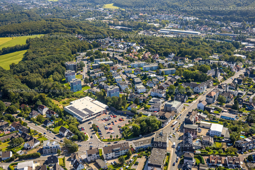 Gevelsberg240815119 | Luftbild, Einkaufszentrum Edeka Supermarkt, Wittener Straße und Parkplatz, Wohngebiet Ortsansicht Klostermark, Gevelsberg, Ruhrgebiet, Nordrhein-Westfalen, Deutschland