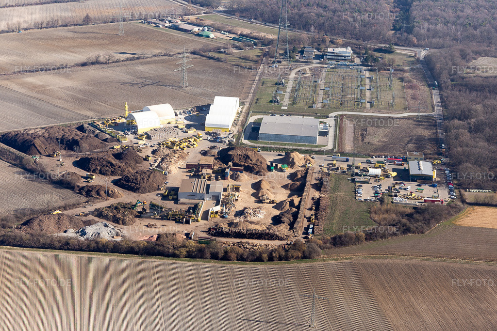 Luftbild: Pfalzwerke Umspannwerk in Mutterstadt im Bundesland Rheinland-Pfalz in Deutschland. Foto: IMG_112815.jpg vom 27.02.2019 durch Werner Riehm/FLY-FOTO.de