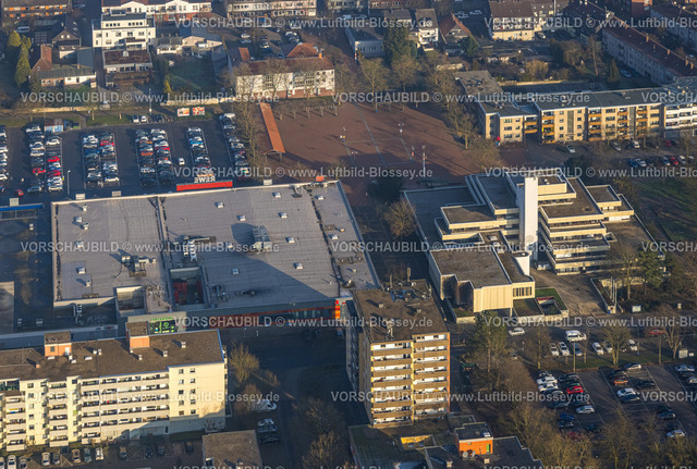 Hamm250201021Bockum-Hoevel | Luftbild, Höveler Markt Marktplatz und terrassenförmiges Rathaus Bürgeramt, links das Rathaus-Center Einkaufszentrum, Wohngebiet mit Hochhäusern, Bockum-Hövel, Hamm, Ruhrgebiet, Nordrhein-Westfalen, Deutschland
