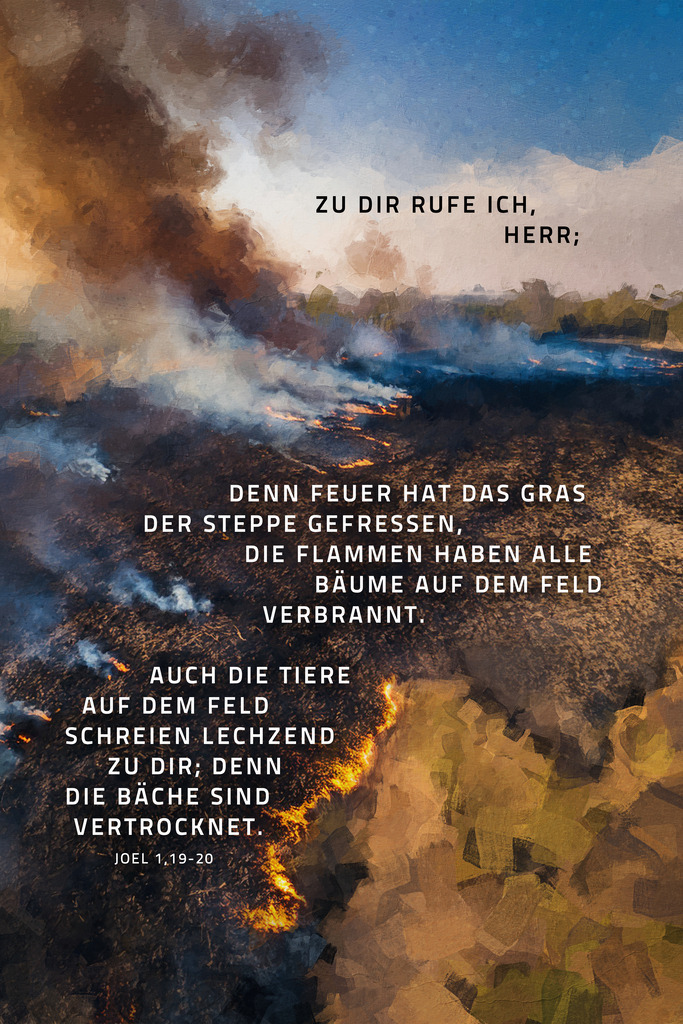 Zu dir rufe ich, HERR; denn Feuer hat das Gras der Steppe gefressen, die Flammen haben alle Bäume auf dem Feld verbrannt. Auch die Tiere auf dem Feld schreien lechzend zu dir; denn die Bäche sind vertrocknet. Joel 1,19-20 (E) | Monatssprüche 2025 / Monatsspruch Mai