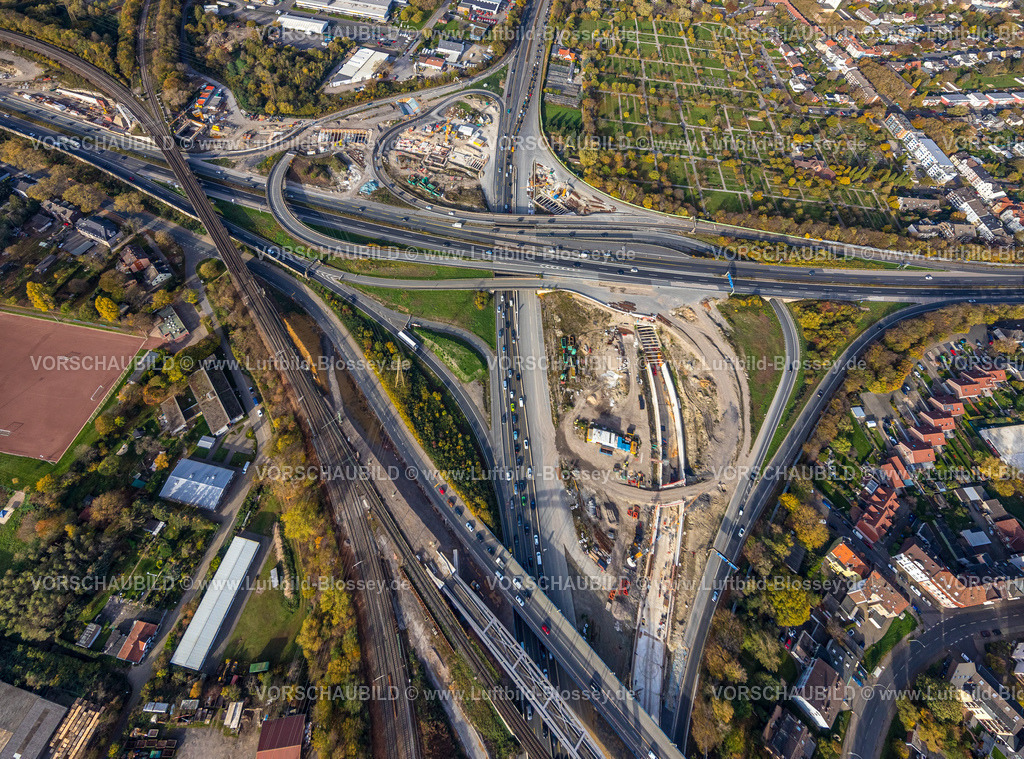 Herne221101437westlich | Luftbild, Großbaustelle Autobahnkreuz Herne der Autobahn A42 und Autobahn A43, mit Bau des Baukau-Tunnels, Baukau, Herne, Ruhrgebiet, Nordrhein-Westfalen, Deutschland