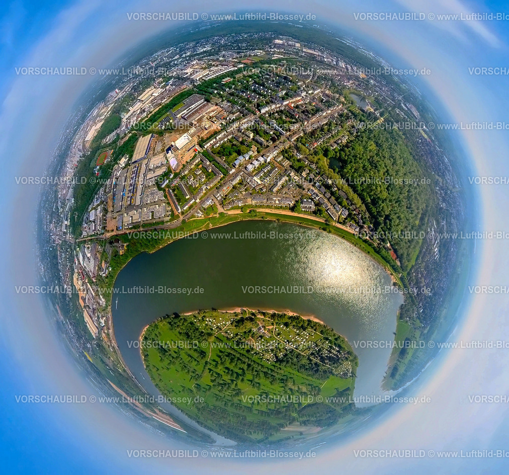 Duesseldorf240590098Benrath | Luftbild, Ortsansicht Benrath am Fluss Rhein, Gewerbegebiet Bonner Straße und Wohngebiet Benrather Straße mit Grünflächen im Innenhof, Baustelle Neubau Schloß-Gymnasium, rechts Schloss Benrath und Schlosspark Waldgebiet, unten der Campingplatz Rheinblick am Zonser Grind, Erdkugel, Fisheye Aufnahme, Fischaugen Aufnahme, 360 Grad Aufnahme, tiny world, little planet, fisheye Bild, Benrath, Düsseldorf, Nordrhein-Westfalen, Deutschland