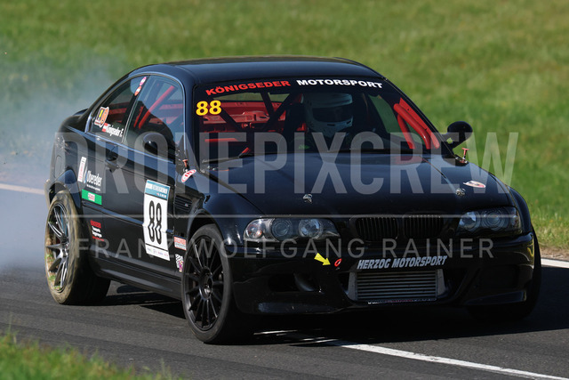 FIA European Hill Climb Championship – Rechberg 2026    | FIA European Hill Climb Championship at Rechberg, held from 24 to 26 April 2026 near Tulwitz, Styria, Austria. The image shows Florian KÖNIGSEDER (AUT) BMW E46 Turbo, drift and crash.     