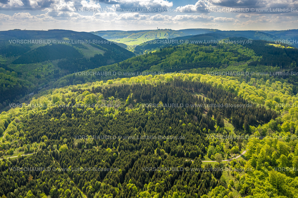 Brilon240503754 | Luftbild, Waldgebiet beim Ortsteil Brilon-Wald, Mischwald, Blick über Berge und Täler, Kreuz auf einem Berg, Brilon-Wald, Brilon, Sauerland, Nordrhein-Westfalen, Deutschland