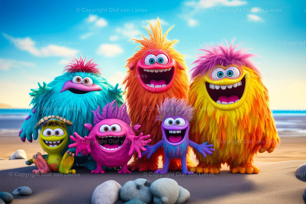 haarige Monster am Strand | viele lachende Monster am Meer
