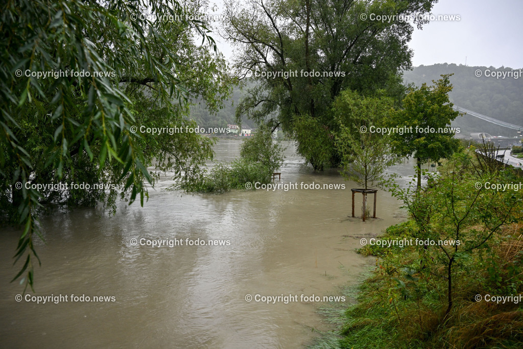 Linz_ Hochwasser_ 29.08.2023-3 | 29.8.2023, Linz, AUT, Urfahr, Hochwasser, im Bild Alt-Urfahr, Donau Badestrand uebeflutet