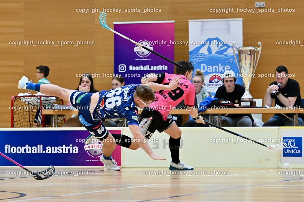 VSV Unihockey vs. Wiener Floorballferein 6.4.2024 | #66 Jakob Rainer VSV Unihockey, #79 Christopher Langer Wiener Floorballverein, VSV Unihockey vs. Wiener Floorballferein 6.4.2024, VSV Unihockey vs. Wiener Floorballferein  am 06.04.2024 in Villach (Ballspielhalle St. Martin), Austria, (Photo by Bernd Stefan)