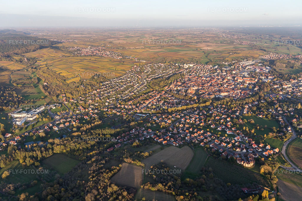 Aerial view: View of the town in front of the vineyards of Sonnenberg, the streets and houses of the residential areas in Wissembourg in the state Bas-Rhin, France. – Photo: IMG_104423.jpg taken on 10/31/2017 by Werner Riehm/FLY-FOTO.com – Resolution of the original: 5015 x 3343 px
