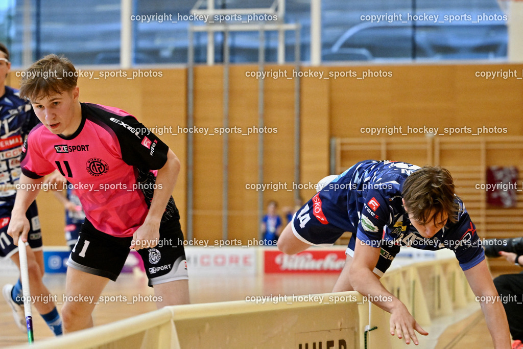 VSV Unihockey vs. Wiener Floorball Verein | #11 Jakub Kir Wiener Floorballverein, #44 Luca Widnig VSV Unihockey, VSV Unihockey vs. Wiener Floorball Verein, VSV Unihockey vs. Wiener Floorball Verein am 18.05.2025 in Villach (Ballspielhalle St. Martin), Austria, (Photo by Bernd Stefan)