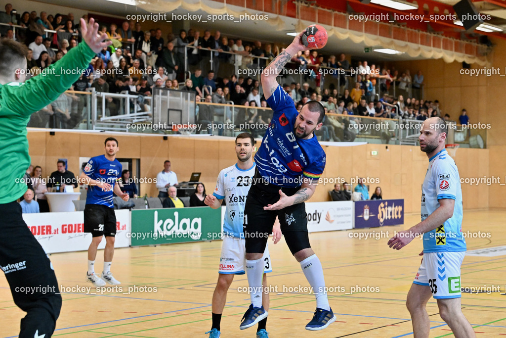 SC Ferlach vs. HSG Bärnbach/Köflach 30.3.2024 | #23 Grbavac Josip HSG Bärnbach, #23 KOCBEK Jure SC Ferlach, #35 DJURDJEVIC, Milos, SC Ferlach vs. HSG Bärnbach/Köflach 30.3.2024, SC Ferlach vs. HSG Bärnbach/Köflach am 30.03.2024 in Ferlach (Ballspielhalle Ferlach), Austria, (Photo by Bernd Stefan)