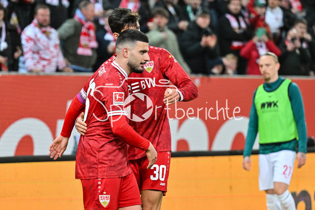 FC Augsburg - VfB Stuttgart | AUGSBURG, GERMANY - 22. MAERZ: Jubel der Gäste nach dem Treffer zum 1-4 durch Deniz UNDAV (VfB Stuttgart 26) / Tor / Torschuetze / Freude / Happy während dem Bundesligamatch zwischen dem FC Augsburg und dem VfB Stuttgart am 27. Spieltag in der WWK Arena / DFL REGULATIONS PROHIBIT ANY USE OF PHOTOGRAPHS AS IMAGE SEQUENCES AND/OR QUASI-VIDEO