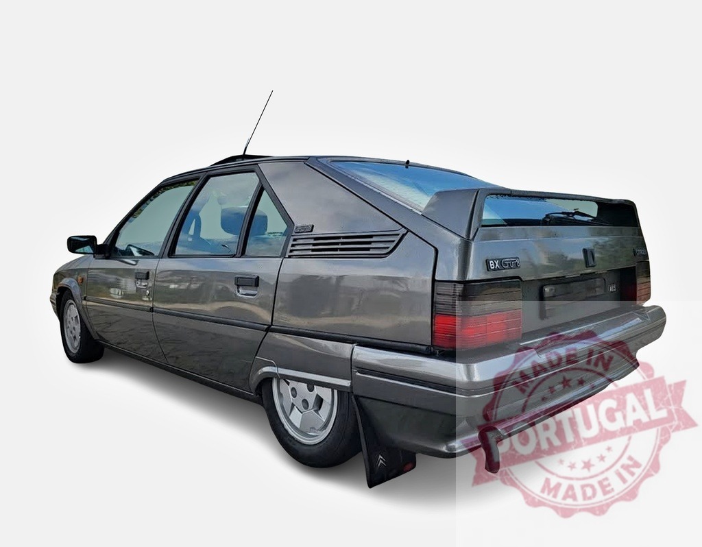 Citroën BX GTi vintage French 1980s hatchback car | Grey Citroën BX GTi car displaying classic design and hydropneumatic suspension on white background - Realized with Pictrs.com