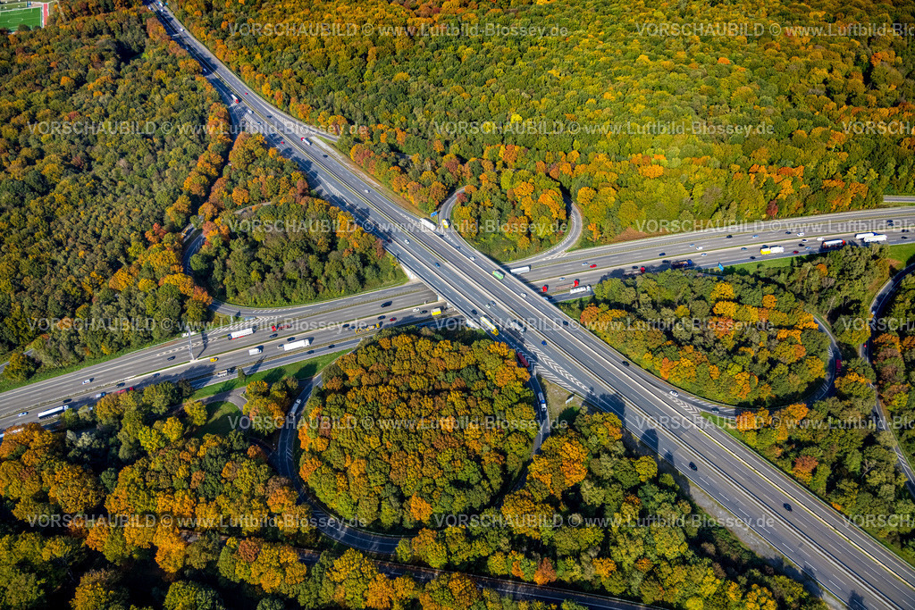 Oberhausen221003403BAB_Kreuz_A3_A2 | Luftbild, Autobahnkreuz Oberhausen, Autobahn A3 und Autobahn A2, Herbstwald, Alsfeld, Oberhausen, Ruhrgebiet, Nordrhein-Westfalen, Deutschland