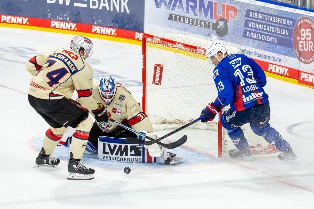 02.10.2024, DEL, Deutsche Eishockey Liga Saison 2024/25, 6. Spieltag: Adler Mannheim gegen Nürnberg Ice Tigers. Bild: Gute Chance durch Stefan Loibl (13, Mannheim) | 02.10.2024, DEL, Deutsche Eishockey Liga Saison 2024/25, 6. Spieltag: Adler Mannheim gegen Nürnberg Ice Tigers. Bild: Gute Chance durch Stefan Loibl (13, Mannheim) - Realisiert mit Pictrs.com