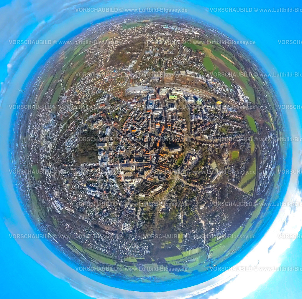 Unna230220013Mitte | Luftbild, City mit Altstadt Unna, Bahnhof, Erdkugel, Fisheye Aufnahme, Fischaugen Aufnahme, 360 Grad Aufnahme, Unna, Ruhrgebiet, Nordrhein-Westfalen, Deutschland