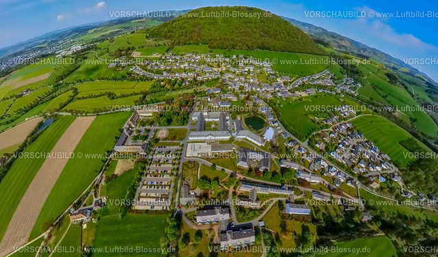 Schmallenberg240590331KlosterGrafschaftKrankenhaus | Luftbild, Wohngebiet Ortsansicht Ortsteil Kloster Grafschaft und Fachkrankenhaus Kloster Grafschaft GmbH, umgeben von Wiesen und Feldern in waldreicher Landschaft, Erdkugel, Fisheye Aufnahme, Fischaugen Aufnahme, 360 Grad Aufnahme, tiny world, little planet, fisheye Bild, Grafschaft, Schmallenberg, Sauerland, Nordrhein-Westfalen, Deutschland