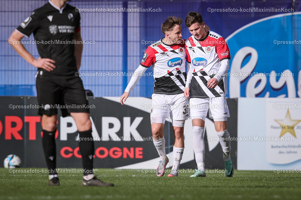 Koe3Liga24022401056 | 24.02.2024, Köln, Fußball, bwin 3. Liga Herren, Sportpark Höhenberg, 27. Spieltag, Saison 2023 2024, FC Viktoria Köln – SV Sandhausen: Torjubel nach dem 2:1 durch Luca Marseiler (Viktoria Köln). 
DFB regulations prohibit any use of photographs as image sequences and or quasi-video.