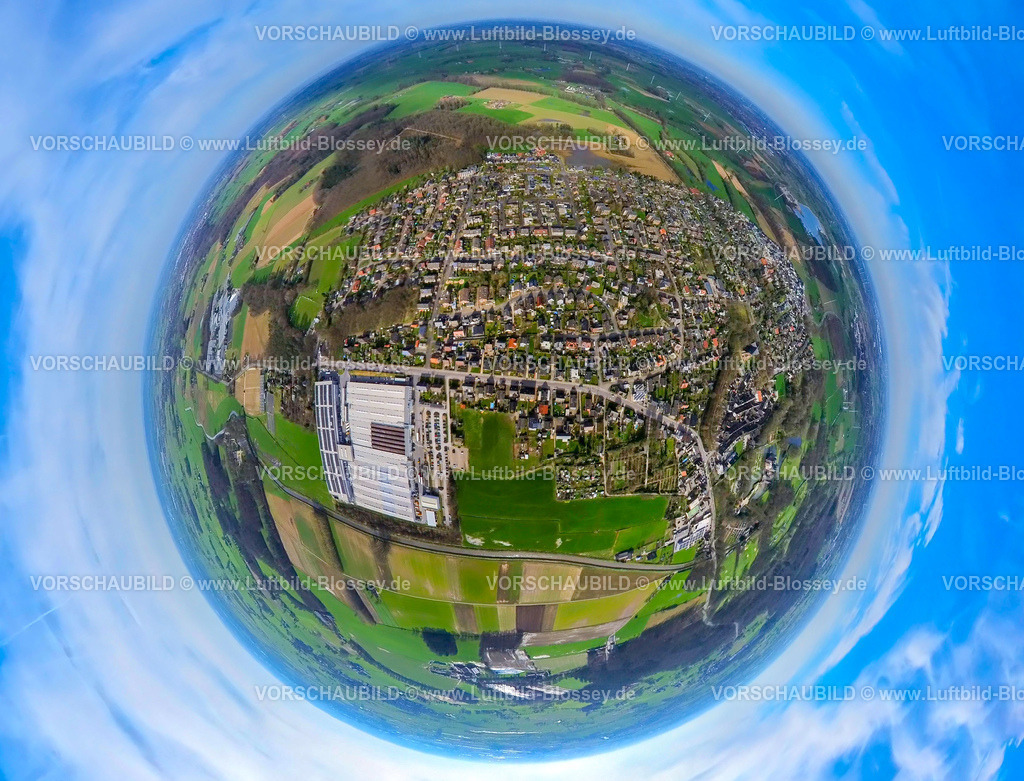 Isselburg240390165Anholt | Luftbild, Wohngebiet Ortsansicht Anholt mit Fluss Issel und umgeben von Wiesen und Feldern, TROX GmbH - Werk Anholt Klimaanlagenanbieter, Erdkugel, Fisheye Aufnahme, Fischaugen Aufnahme, 360 Grad Aufnahme, tiny world, little planet, fisheye Bild, Anholt, Isselburg, Nordrhein-Westfalen, Deutschland