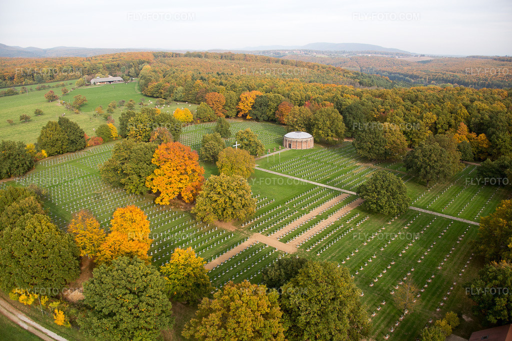 Aerial view: War Cemetery Centre de Rencontre Albert Schweitzer in Niederbronn-les-Bains in the state Bas-Rhin, France.Photo: IMG_084736.jpg taken on 10/24/2015 by Werner Riehm/FLY-FOTO.comResolution of the original: 5472 x 3648 px