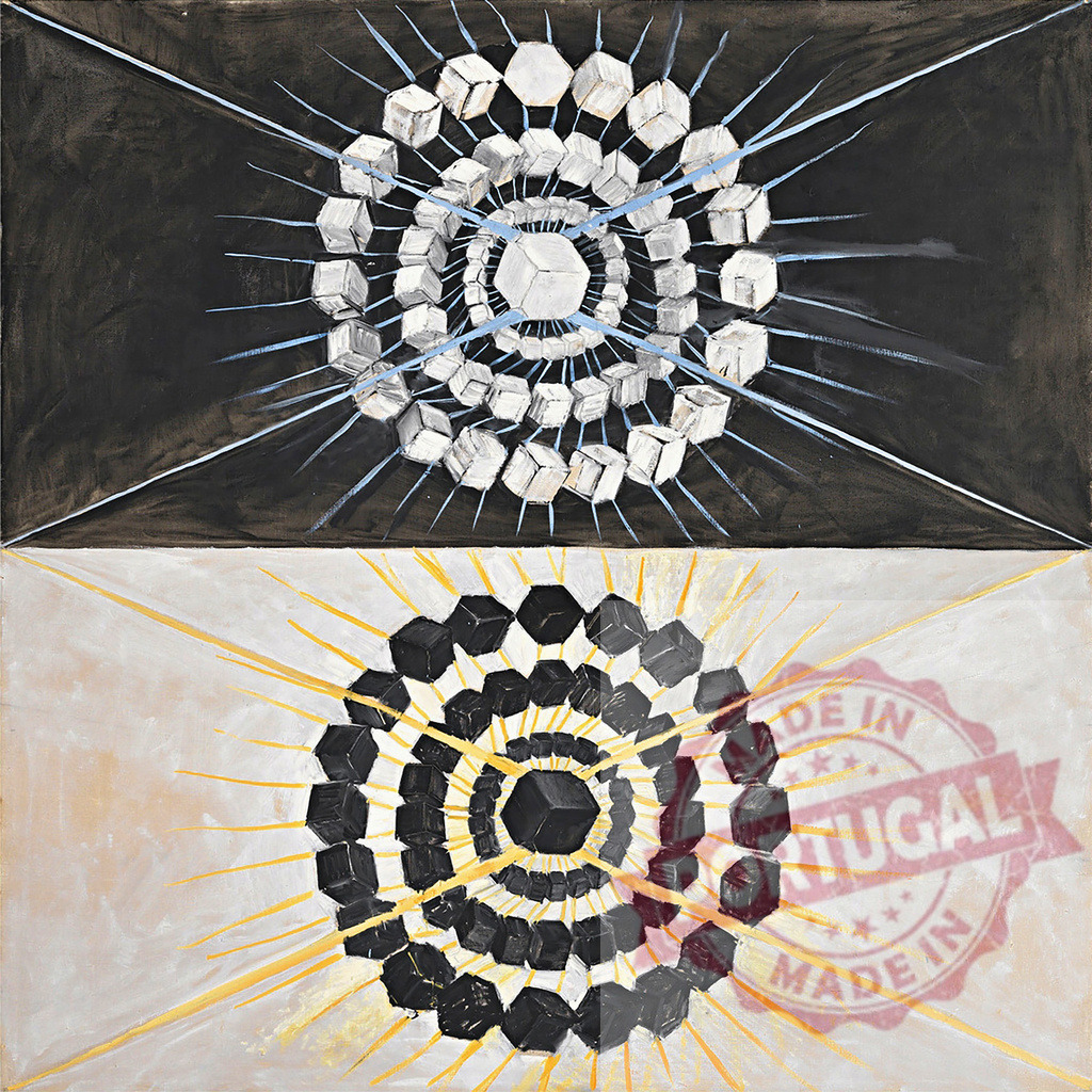 Abstract duality with contrasting geometric spiral elements. Hilma af Klimt | Abstract artwork showing black and white geometric shapes in a contrasting, spiraling pattern - Realisiert mit Pictrs.com