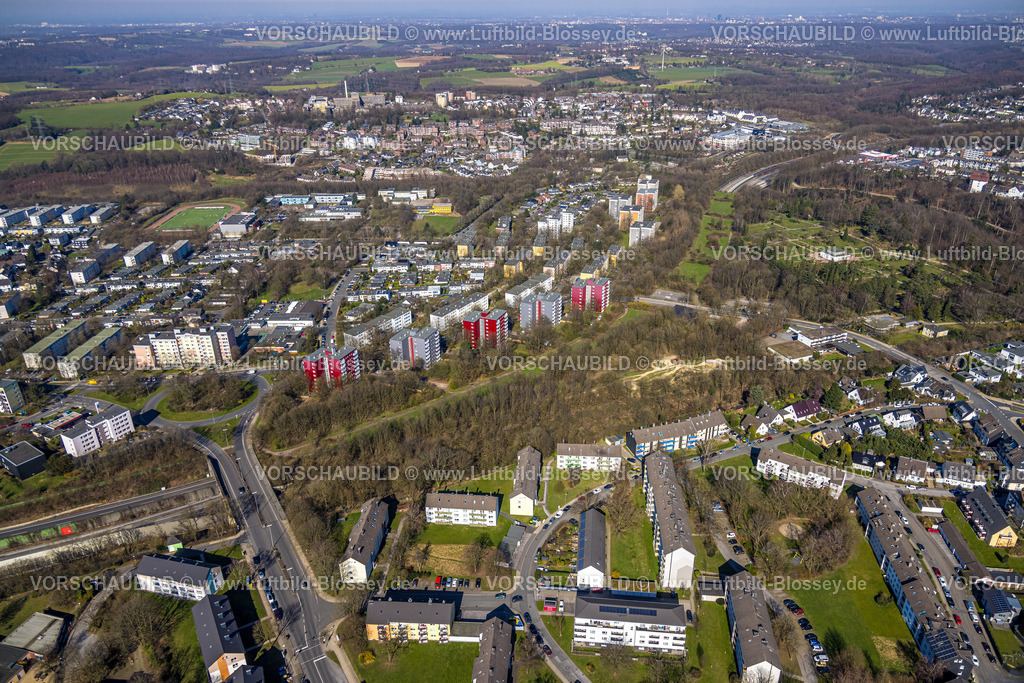 Velbert240301756 | Luftbild, Hochhaus Wohnsiedlung Jahnstraße Grünheide, Park und Waldfriedhof, Velbert, Ruhrgebiet, Nordrhein-Westfalen, Deutschland