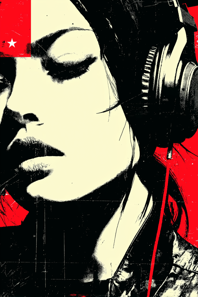 Poster: HER FREQUENCY – The Immersion – Lost in sound. Found in herself. | Frau mit Kopfhörern und geschlossenen Augen in Schwarz-Weiß-Rot – modernes Musikposter aus der Kollektion HER FREQUENCY - Realisiert mit Pictrs.com