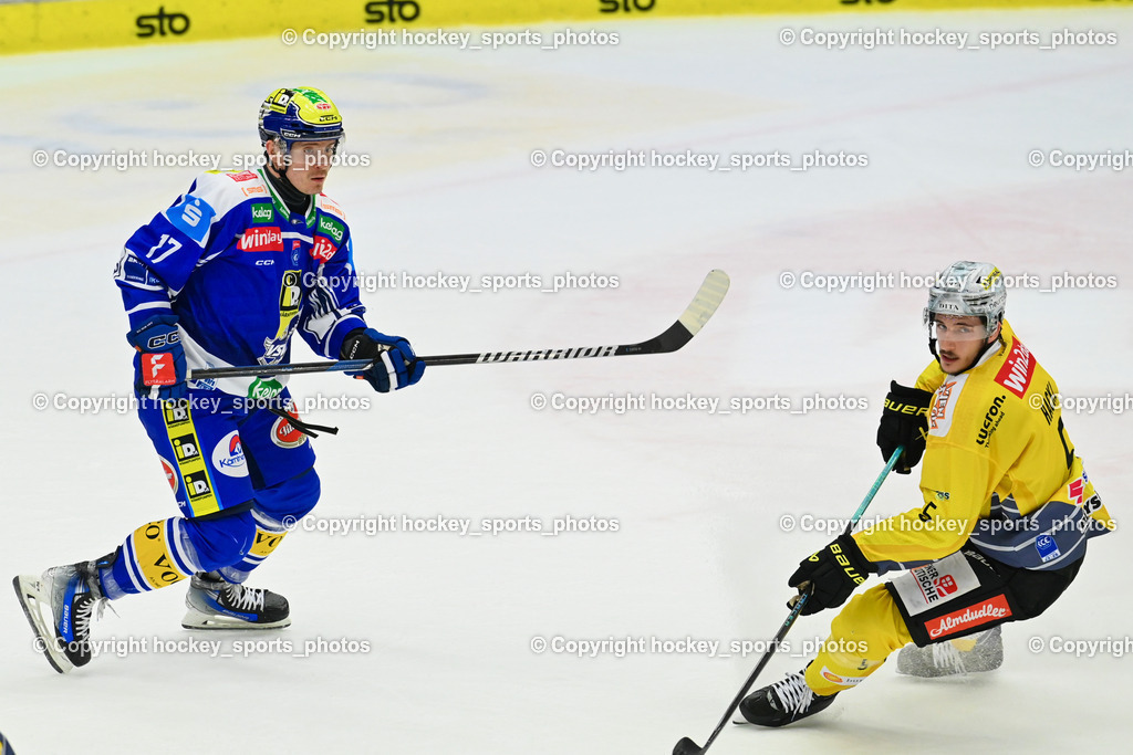 EC IDM WÄRMEPUMPEN VSV vs. Vienna Capitals | #17 Arturs Kulda EC VSV, #5 Dominic Hackl Vienna Capitals, EC IDM WÄRMEPUMPEN VSV vs. Vienna Capitals, EC IDM WÄRMEPUMPEN VSV vs. Vienna Capitals am 16.11.2025 in Villach (Stadthalle Villach), Austria, (Photo by Bernd Stefan)