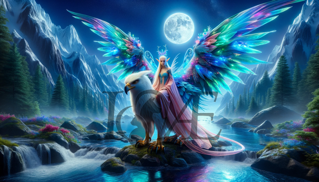 DALL_E 2023-10-06 15.04.13 - Photorealistic scene of the elven lady with vibrant neon fairy wings_ riding a griffin with grand wings. Together_ they stand by a crystal-clear mount | psy4fly - Realisiert mit Pictrs.com